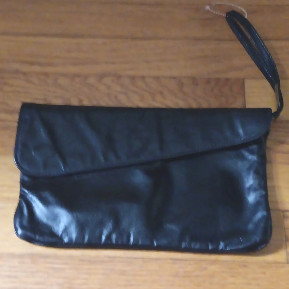 Bill Dorf Vintage Black Leather Clutch with Wristlet Strap